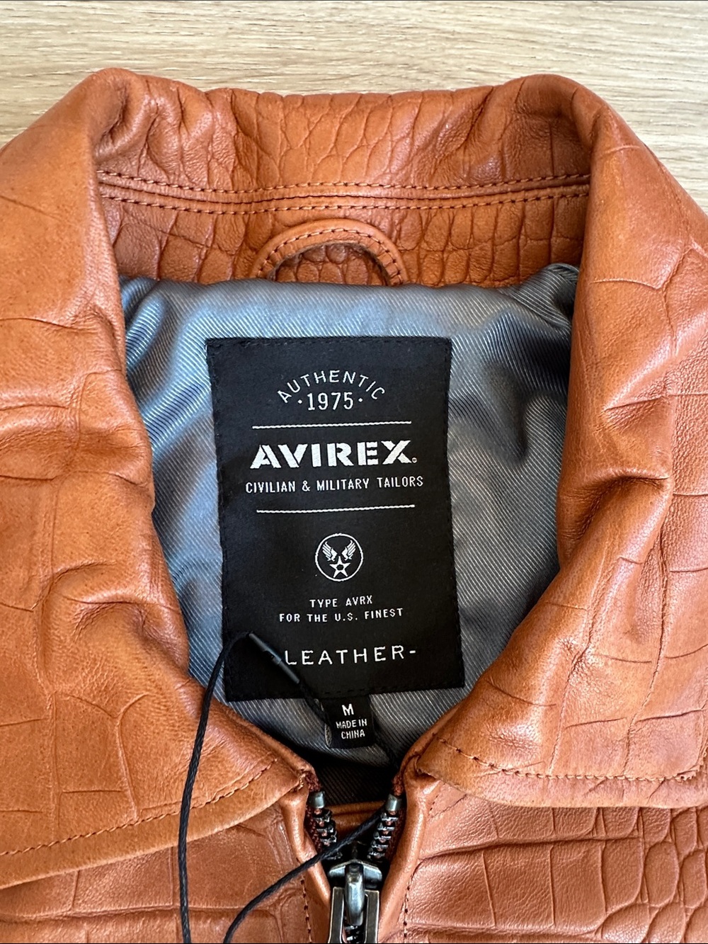 Avirex Croc-Embossed Tan/Brown Bomber Jacket with Crest Patch - Picture 5 of 10